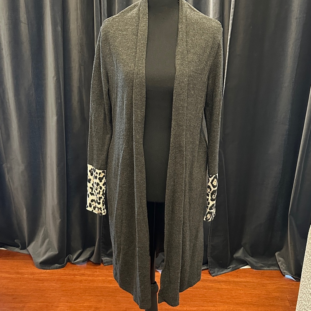 Again Elegant Charcoal Cardigan with Leopard Accents